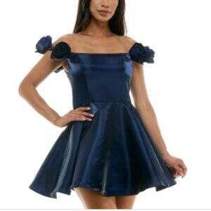 B Darlin Juniors' Rosette Off-the-Shoulder Fit & Flare Dress - Midnight